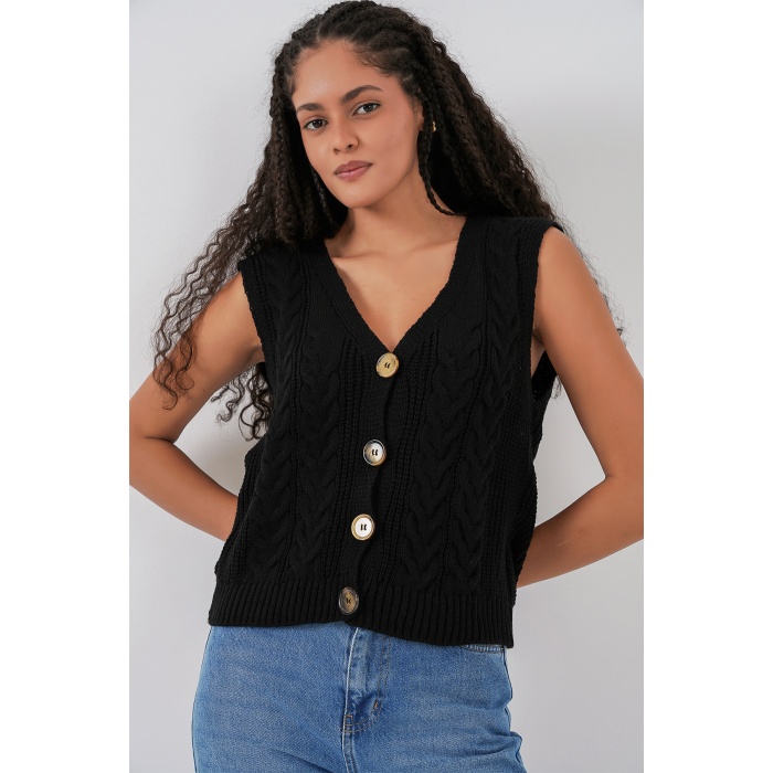 15882 Düğmeli Kısa Triko Yelek - Siyah