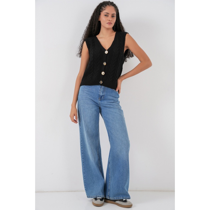 15882 Düğmeli Kısa Triko Yelek - Siyah