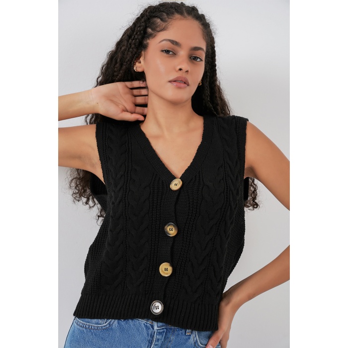 15882 Düğmeli Kısa Triko Yelek - Siyah