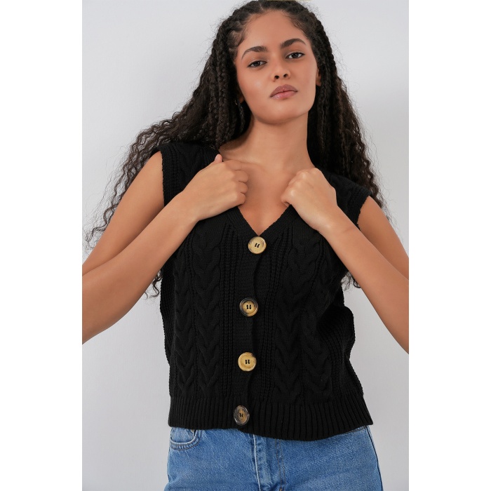 15882 Düğmeli Kısa Triko Yelek - Siyah