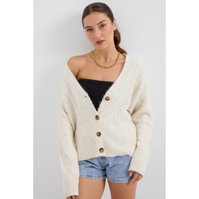 15885 Örgülü Oversize Triko Hırka - Ekru