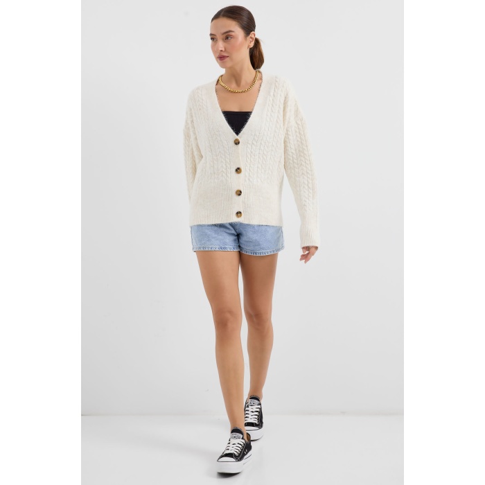 15885 Örgülü Oversize Triko Hırka - Ekru