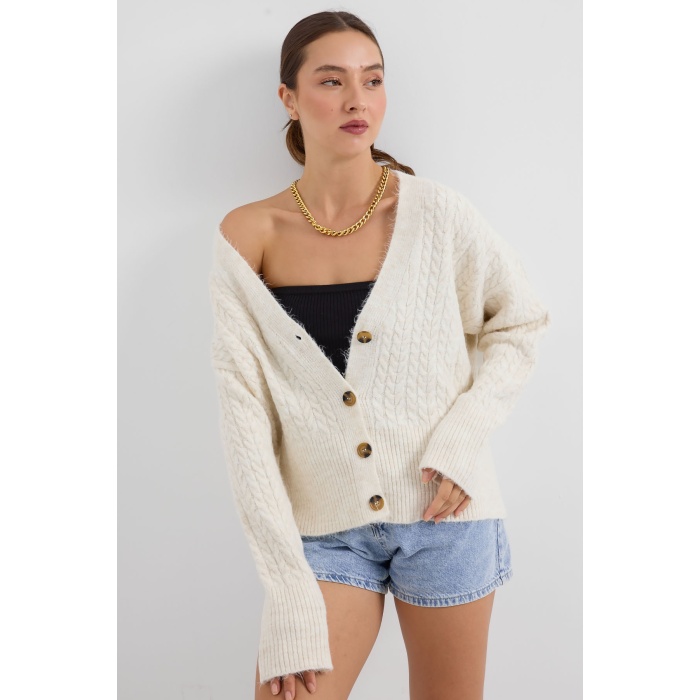 15885 Örgülü Oversize Triko Hırka - Ekru