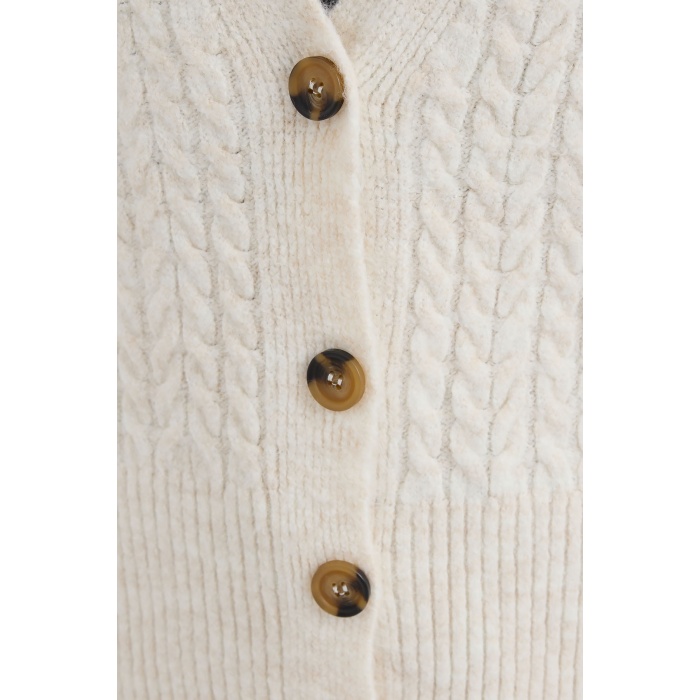 15885 Örgülü Oversize Triko Hırka - Ekru