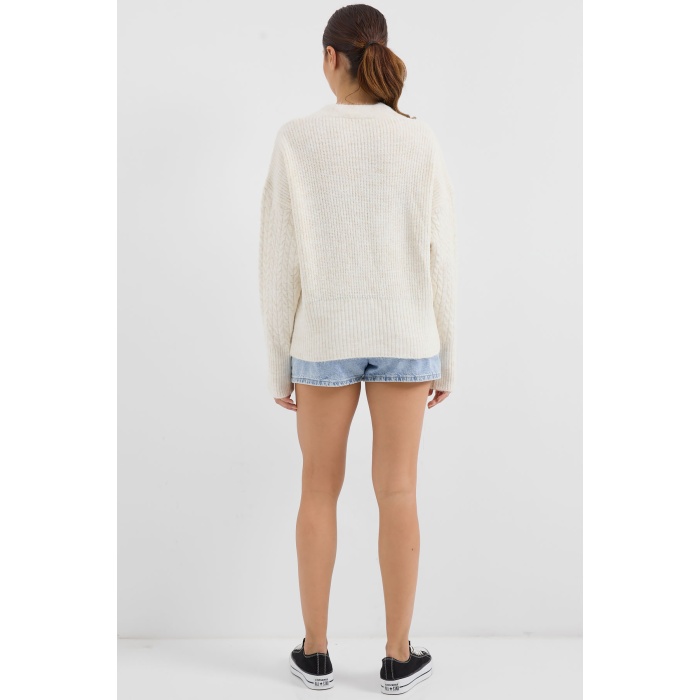 15885 Örgülü Oversize Triko Hırka - Ekru