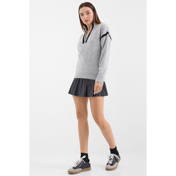 15888 Fermuarlı Oversize Kazak - Gri