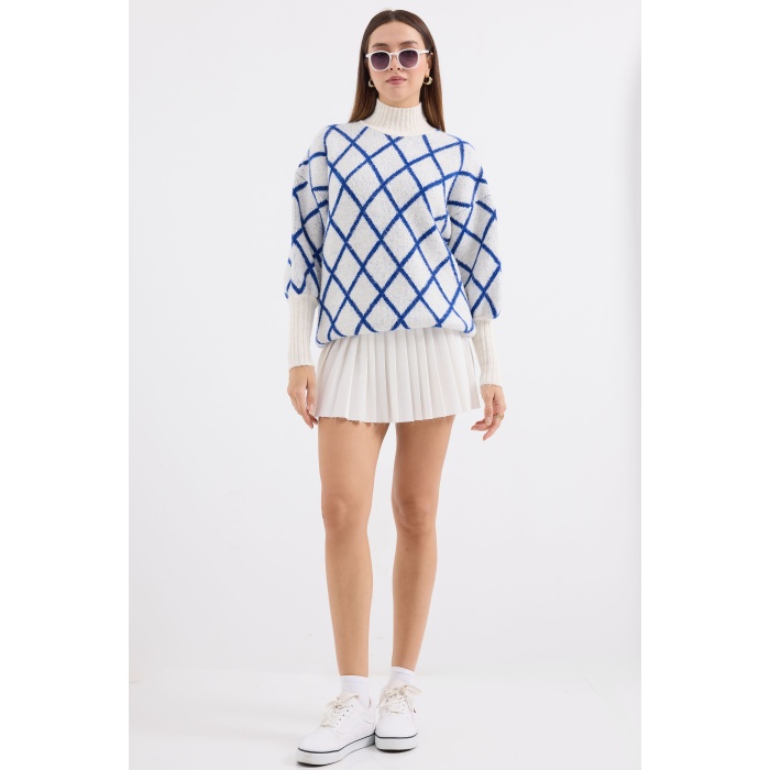 15889 Balıkçı Yaka Oversize Triko Kazak - Saks