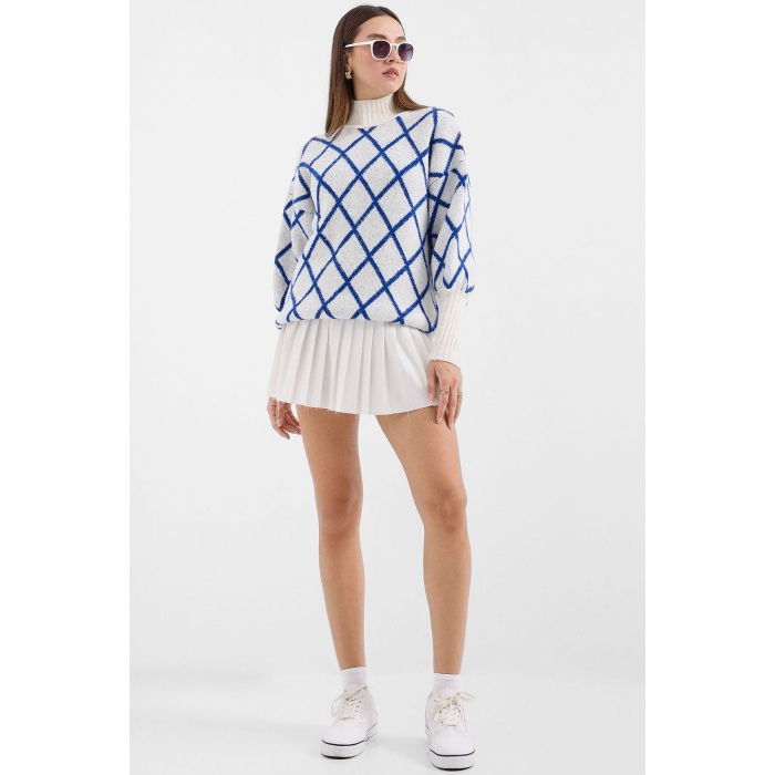 15889 Balıkçı Yaka Oversize Triko Kazak - Saks