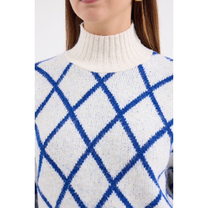 15889 Balıkçı Yaka Oversize Triko Kazak - Saks