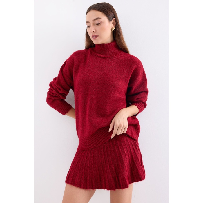 15891 Kazak Etek Triko İkili Takım - Kırmızı