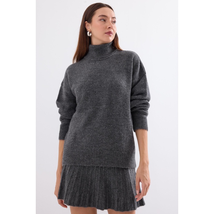 15891 Kazak Etek Triko İkili Takım - Antrasit