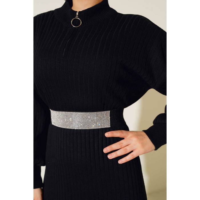 15900 Boydan Tesettür Triko Elbise - Siyah