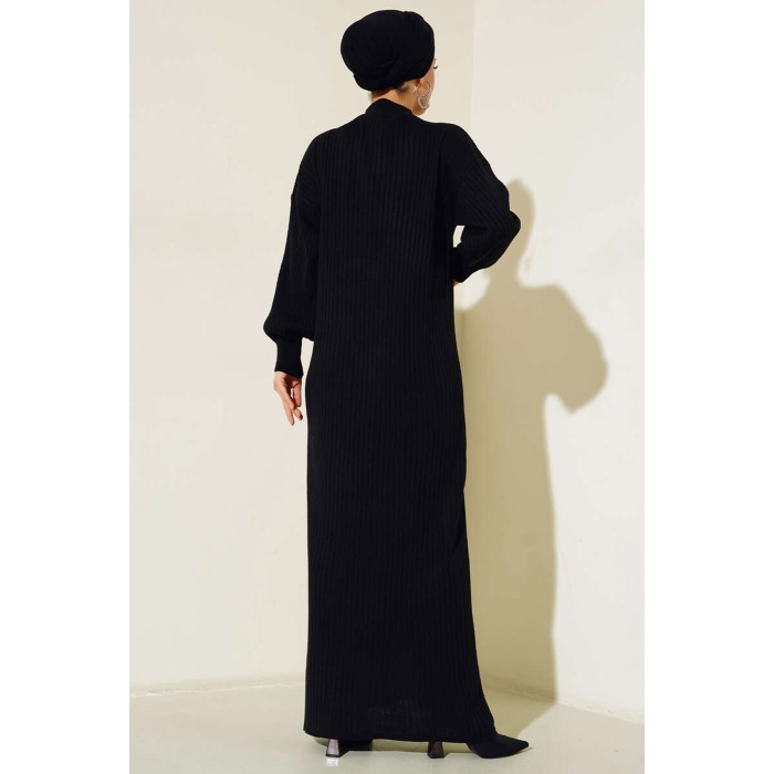 15900 Boydan Tesettür Triko Elbise - Siyah