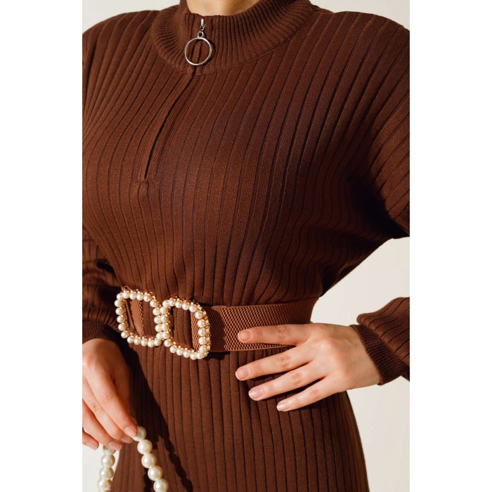 15900 Boydan Tesettür Triko Elbise - Kahverengi