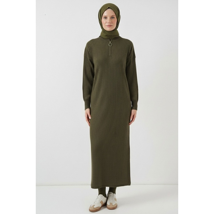 15900 Boydan Tesettür Triko Elbise - Haki