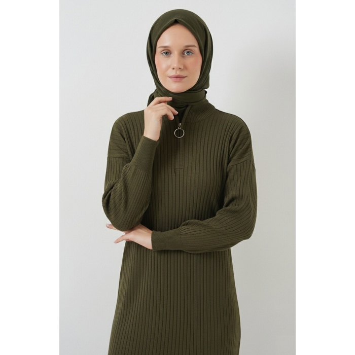15900 Boydan Tesettür Triko Elbise - Haki