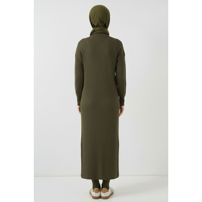 15900 Boydan Tesettür Triko Elbise - Haki
