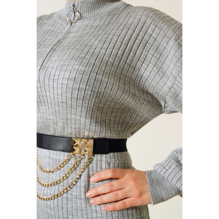 15900 Boydan Tesettür Triko Elbise - Gri