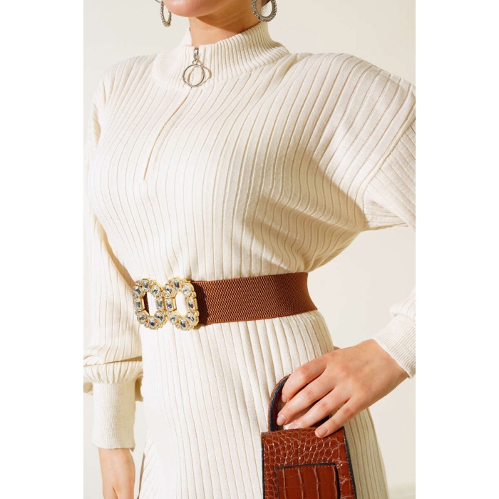 15900 Boydan Tesettür Triko Elbise - Krem