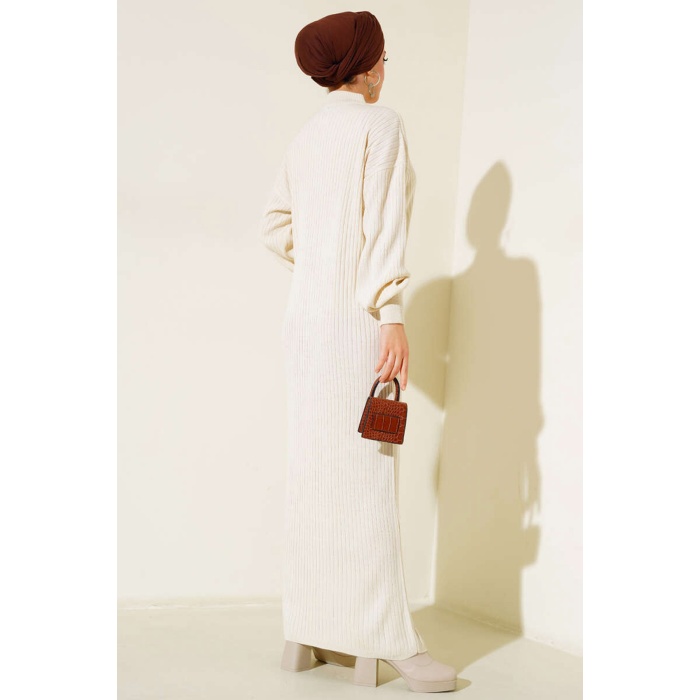 15900 Boydan Tesettür Triko Elbise - Krem