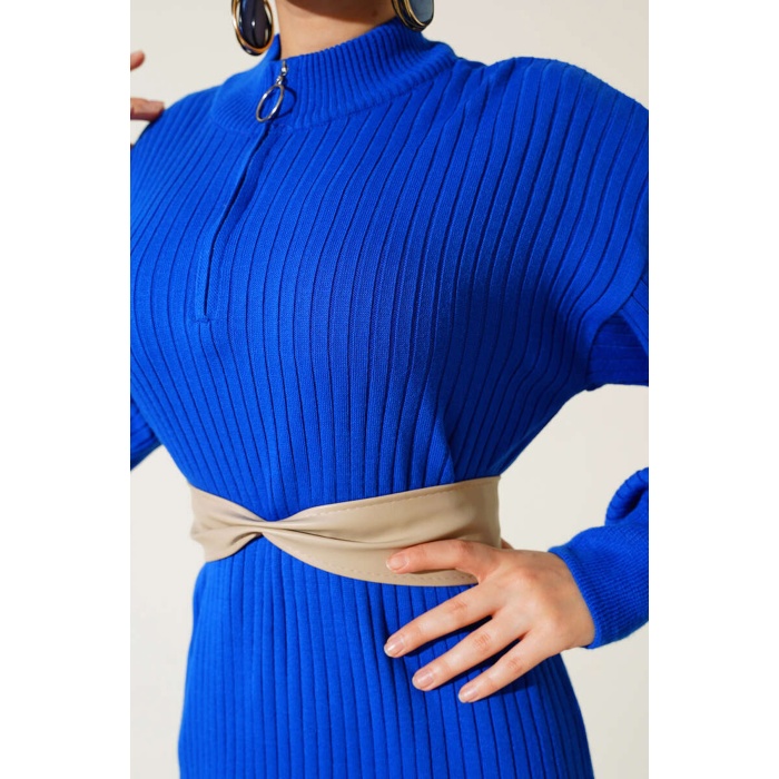 15900 Boydan Tesettür Triko Elbise - Saks