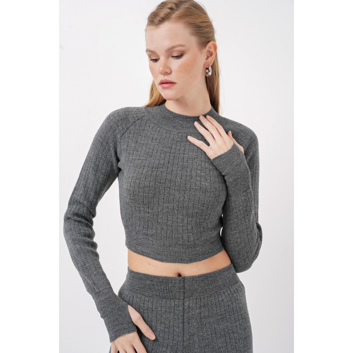 15905 Kadın Crop Kazak Pantolon Triko Alt Üst Takım - Füme