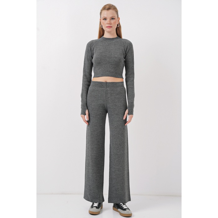 15905 Kadın Crop Kazak Pantolon Triko Alt Üst Takım - Füme