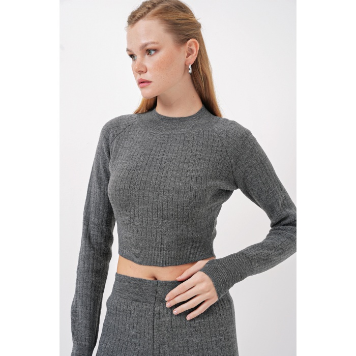 15905 Kadın Crop Kazak Pantolon Triko Alt Üst Takım - Füme