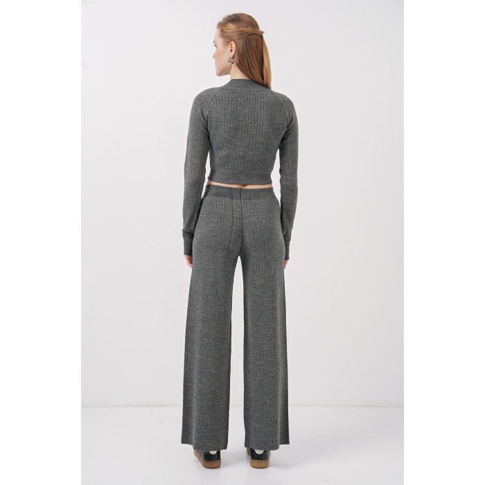 15905 Kadın Crop Kazak Pantolon Triko Alt Üst Takım - Füme