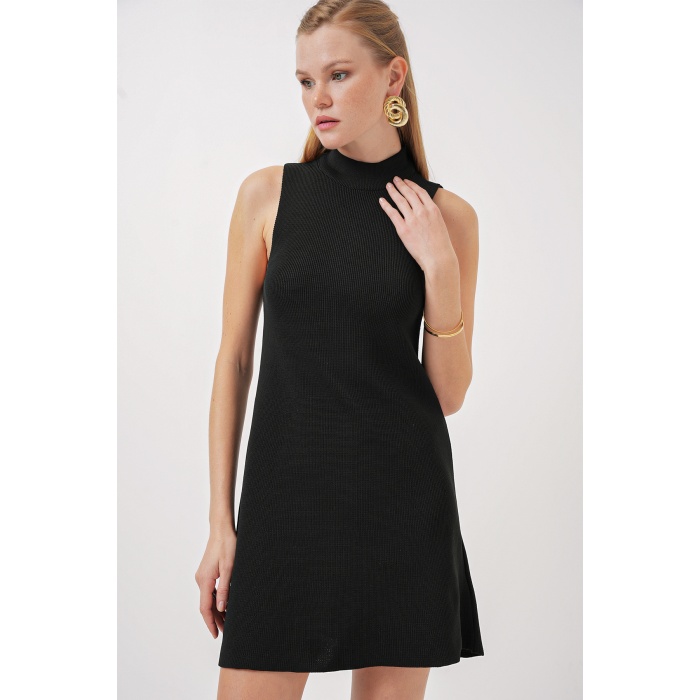 15906 Sıfır Kol Mini Triko Elbise - Siyah