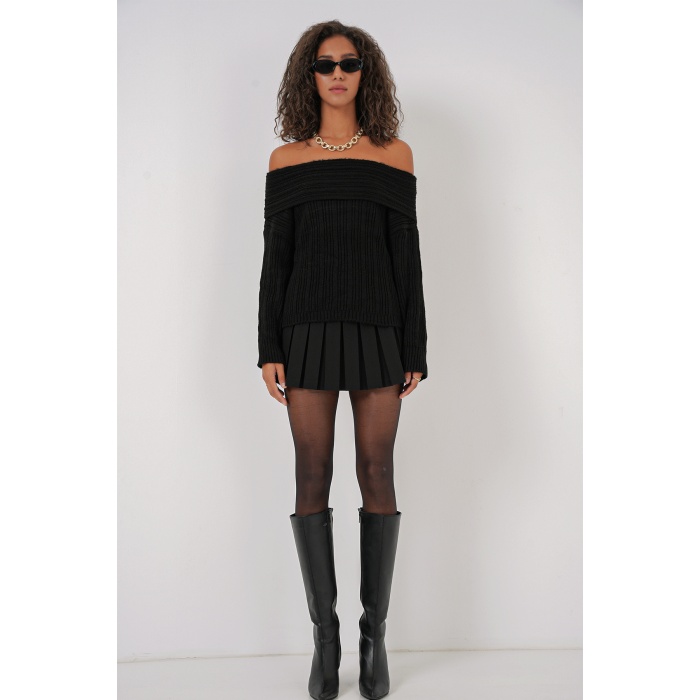 15908 Kadın Açık Omuz Oversize Triko Kazak - Siyah