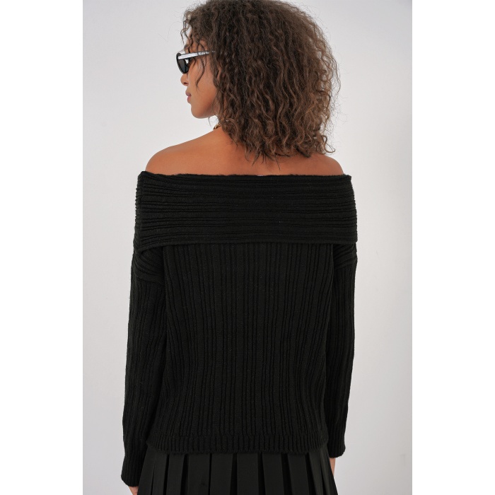 15908 Kadın Açık Omuz Oversize Triko Kazak - Siyah