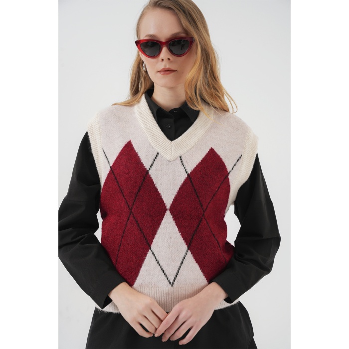 15914 V Yaka Triko Süveter - Kırmızı