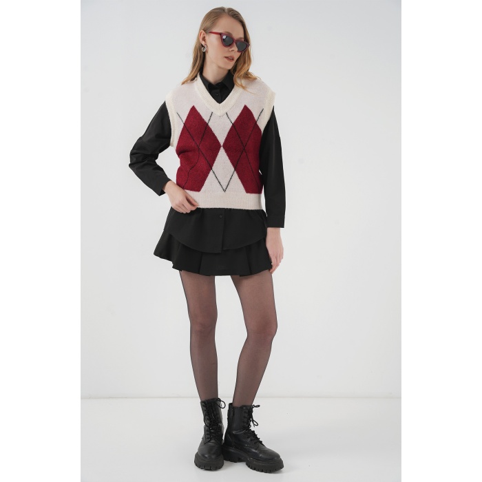 15914 V Yaka Triko Süveter - Kırmızı