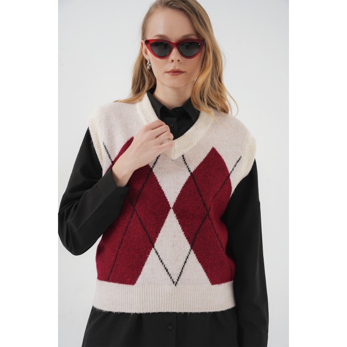 15914 V Yaka Triko Süveter - Kırmızı