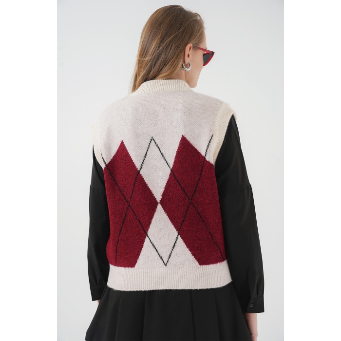 15914 V Yaka Triko Süveter - Kırmızı