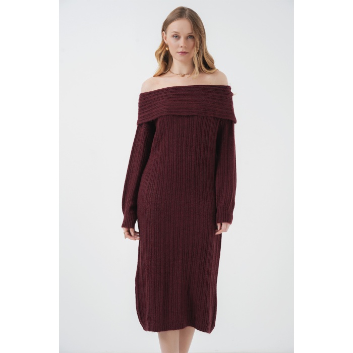 15920 Madonna Yaka Oversize Triko Elbise - Bordo