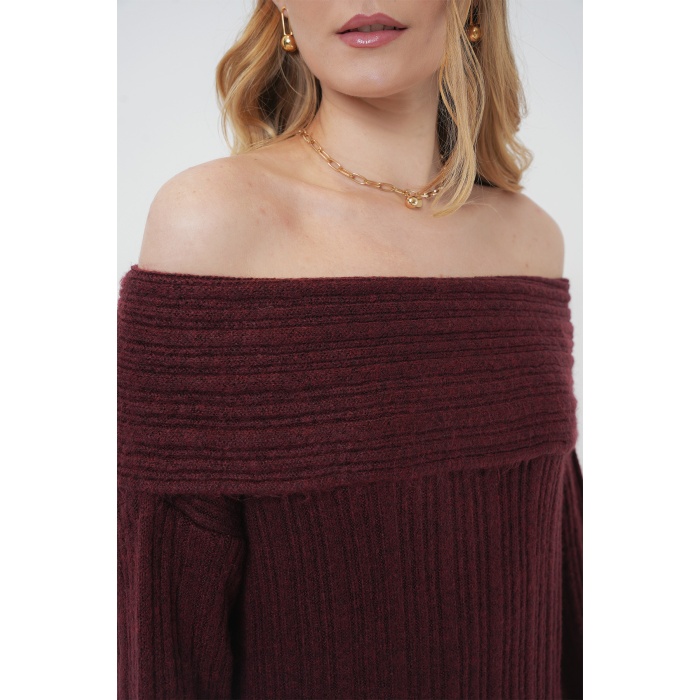 15920 Madonna Yaka Oversize Triko Elbise - Bordo