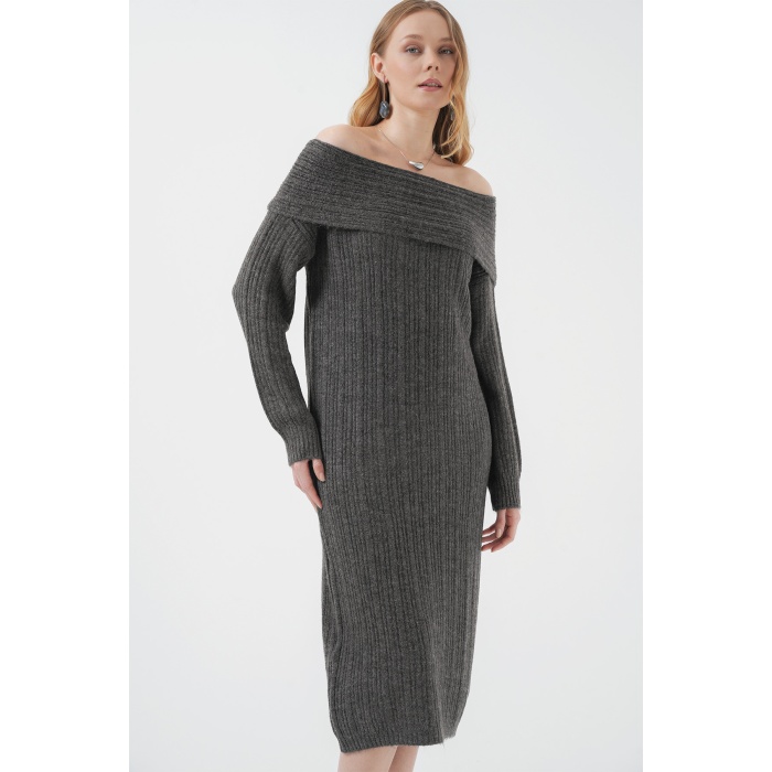 15920 Madonna Yaka Oversize Triko Elbise - Antrasit