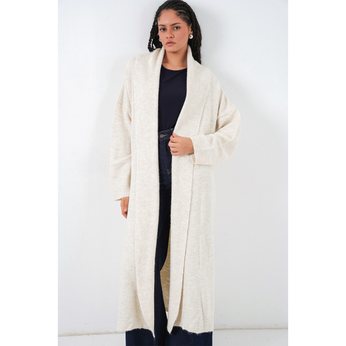 Kadın Uzun Oversize Triko Hırka 15924 - Ekru