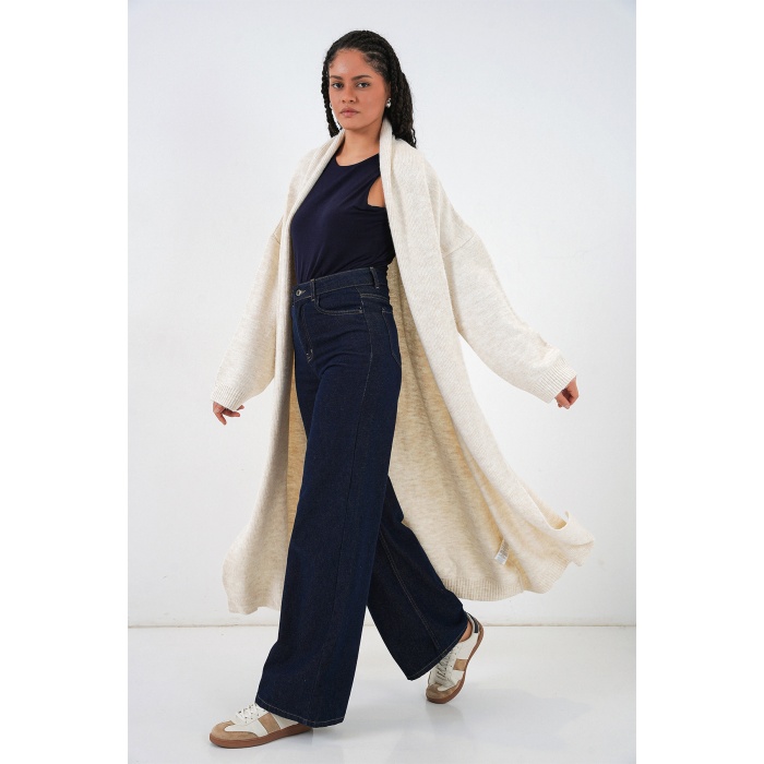 Kadın Uzun Oversize Triko Hırka 15924 - Ekru