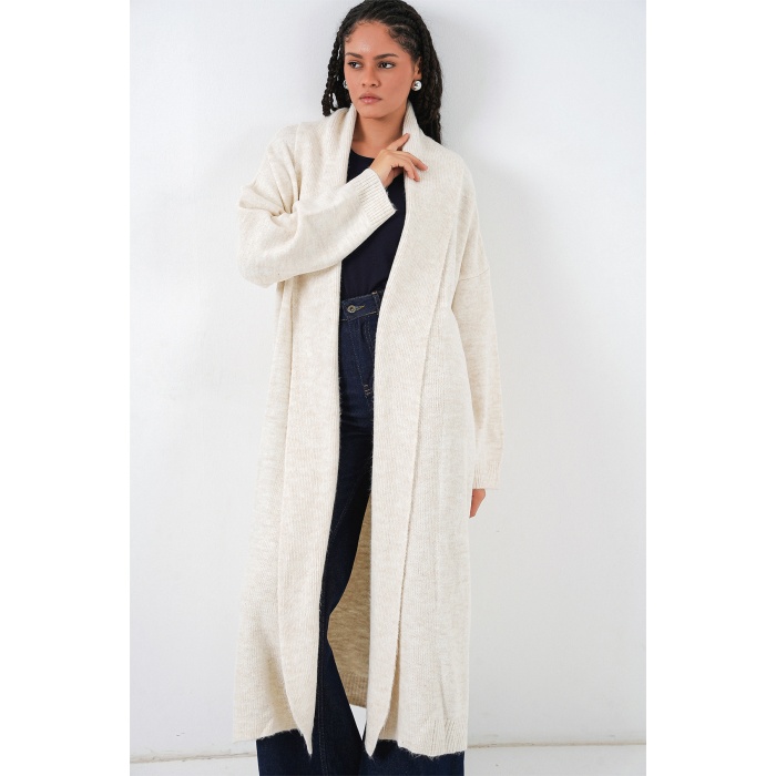 Kadın Uzun Oversize Triko Hırka 15924 - Ekru