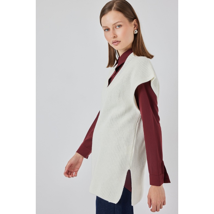 Kadın V Yaka Triko Süveter 15925 - Beyaz