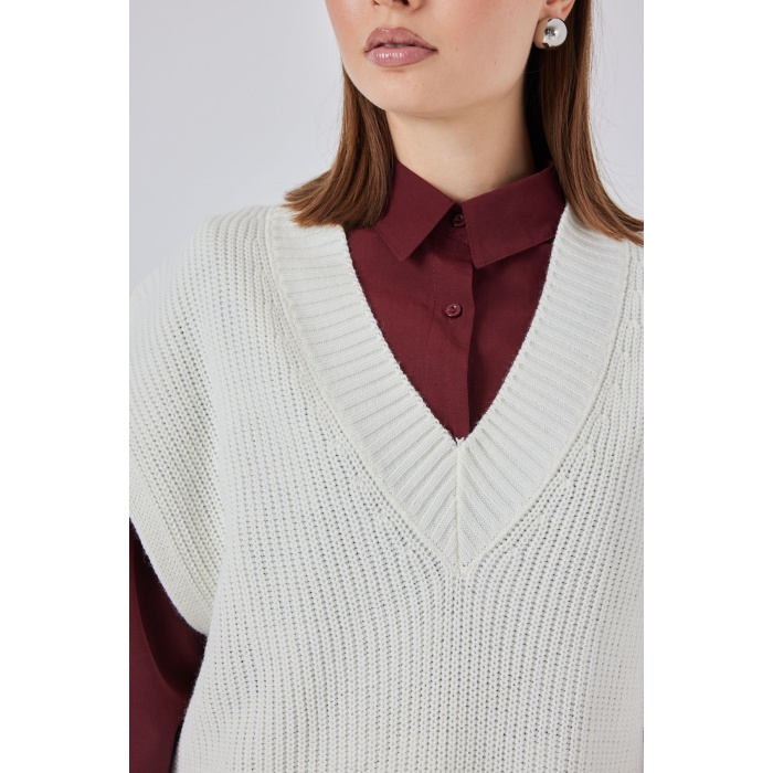 Kadın V Yaka Triko Süveter 15925 - Ekru