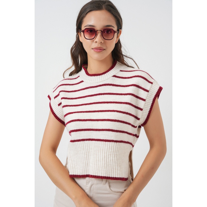 Kadın Çizgili Triko Süveter 15926 - Bordo