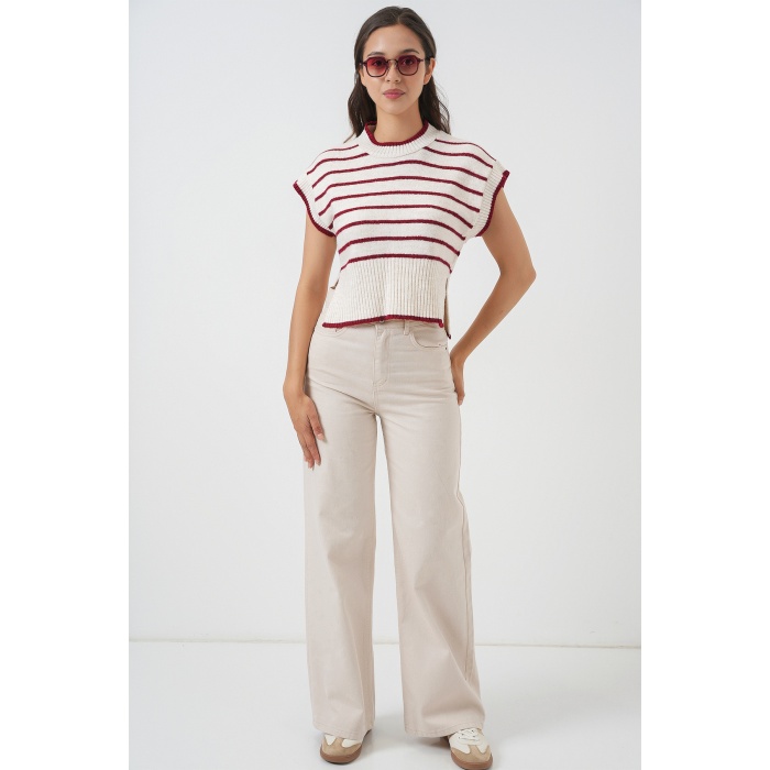 Kadın Çizgili Triko Süveter 15926 - Bordo