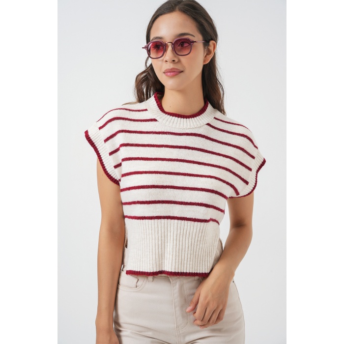 Kadın Çizgili Triko Süveter 15926 - Bordo