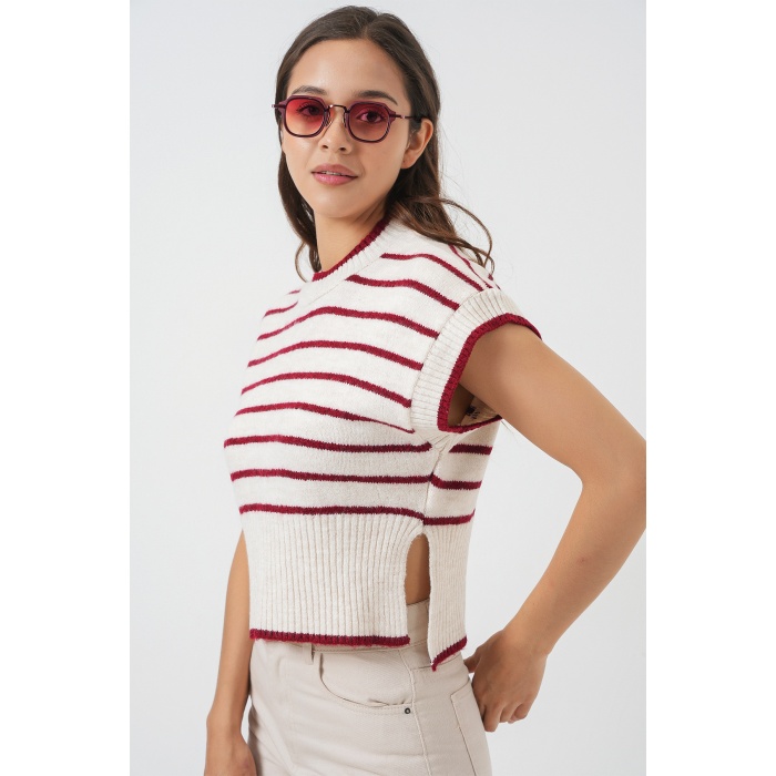 Kadın Çizgili Triko Süveter 15926 - Bordo
