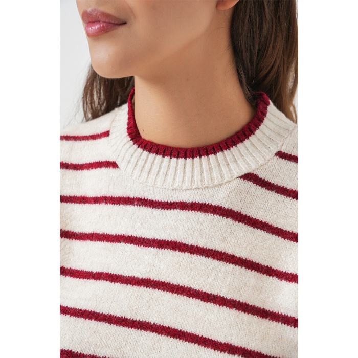 Kadın Çizgili Triko Süveter 15926 - Bordo