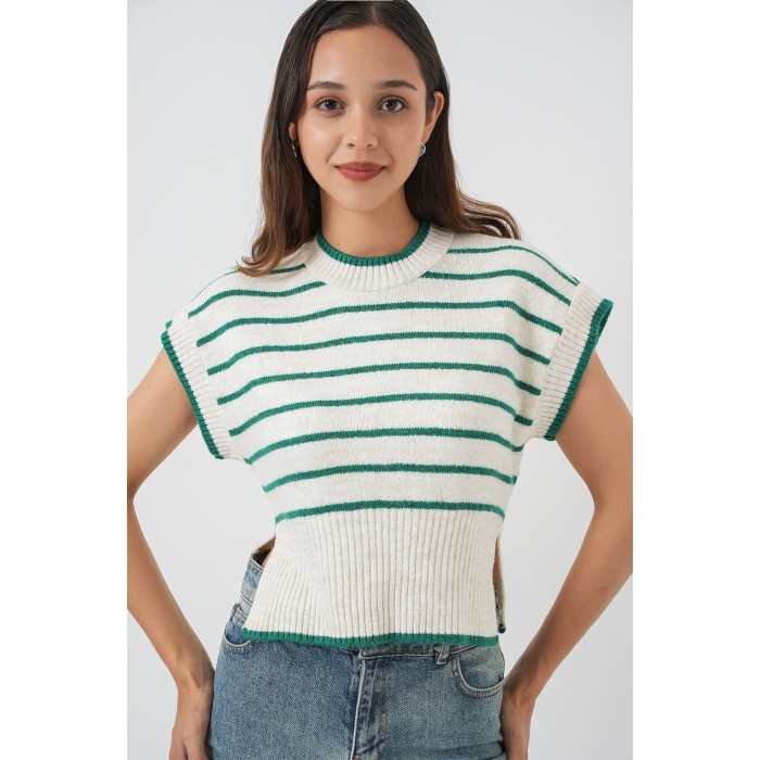 Kadın Çizgili Triko Süveter 15926 - Zümrüt Yeşili